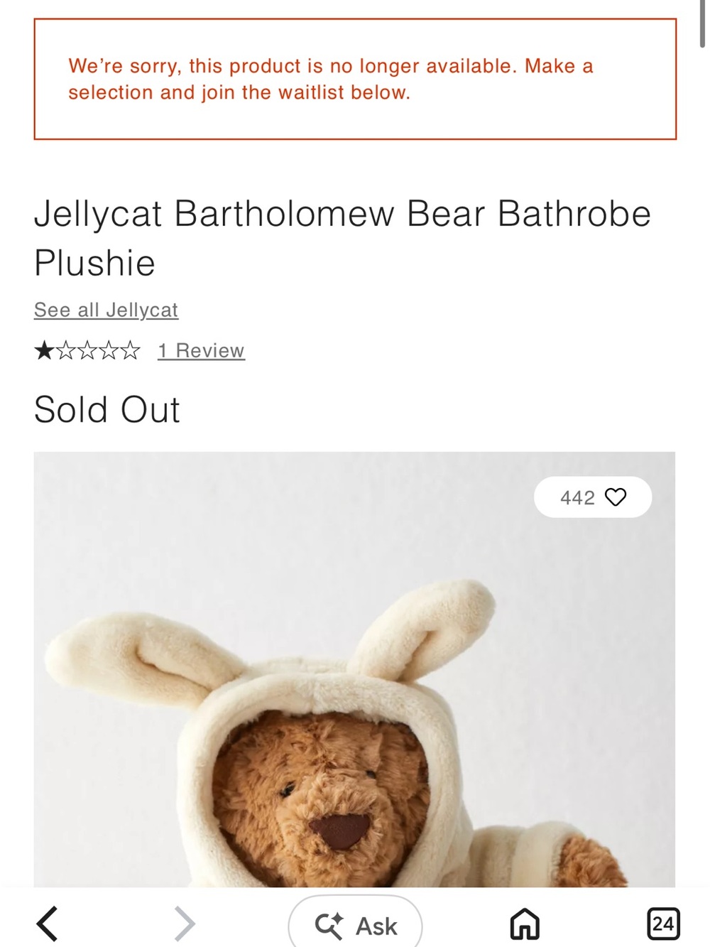 Jellycat Bartholomew Brown Bear in Cream Hooded Bathrobe Plush - Picture 6 of 10